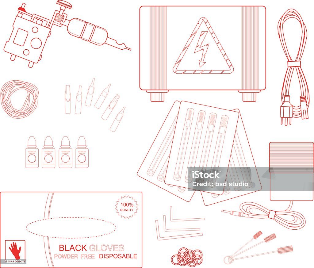 Set Of Professional Tattoo Equipment Lineart Stock Illustration
