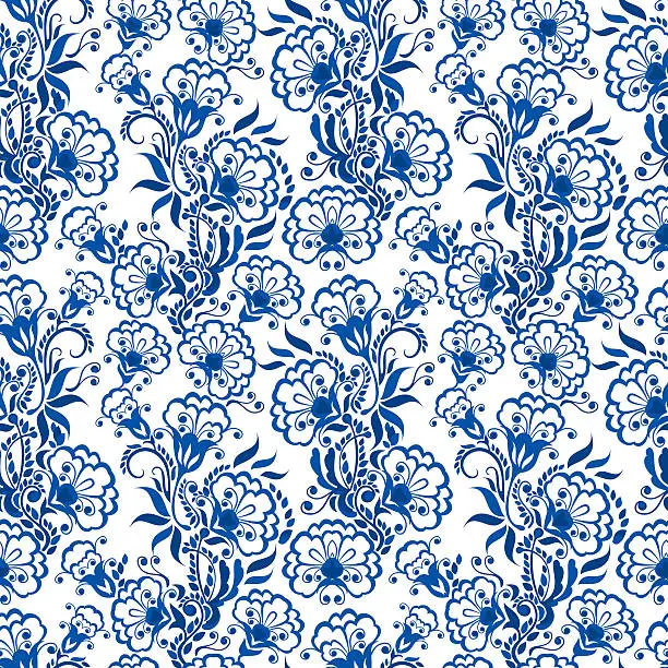 Vector illustration of Seamless blue floral pattern. Russian gzhel style.