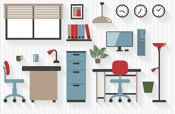 ilustraciones, imágenes clip art, dibujos animados e iconos de stock de muebles de oficina de negocios con computadoras y long shadows - macro chair domestic room contemporary