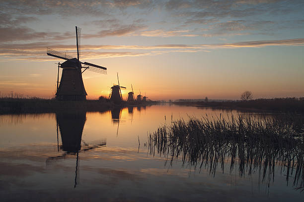 Sunrise at Kinderdijk stock photo