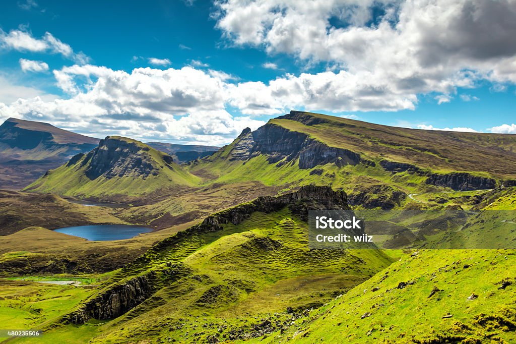 View of the Quiraing on Isle of Skye, Scotland. Beautiful light at Quiraing, Isle of Skye, Scotland.  Scottish Highlands Stock Photo