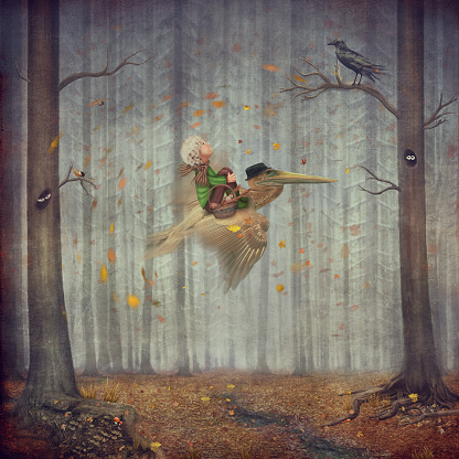 The little boy and brown pelican fly  in the autumn forest.