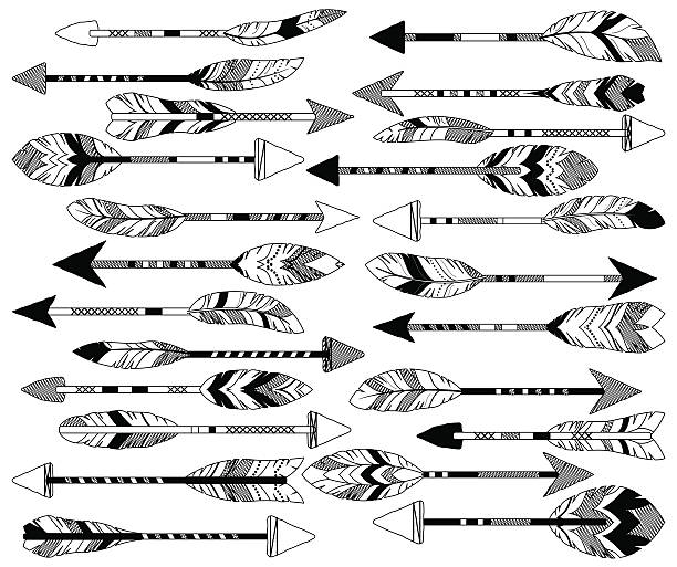 벡터 컬렉션 낙서 트라이블 깃털 화살표 - north american tribal culture arrow arrowhead bow and arrow stock illustrations