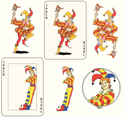 Set of jokers playing card. Isolated, framed inside card, symmetric and inside a circle. Original figures