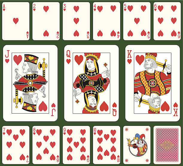 Heart suit large index Playing cards, heart suit, joker and back. Faces double sized. Green background in a separate level. Original figures queen king joker cards stock illustrations
