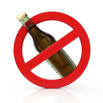 No Alcohol Sign Concept. Red Forbidden Symbol with Bottle of Beer isolated on white background