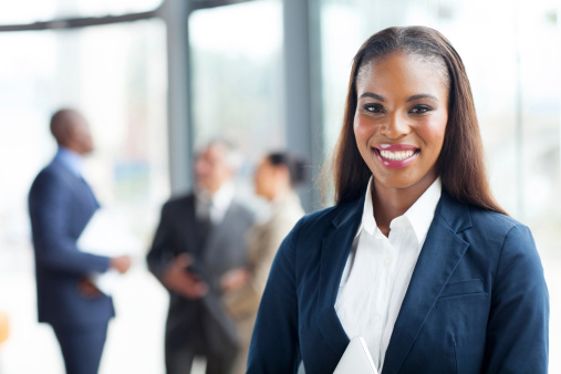 close up portrait of happy african american businesswoman