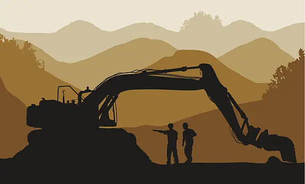 Vector illustration of Excavator loader and workers at mine