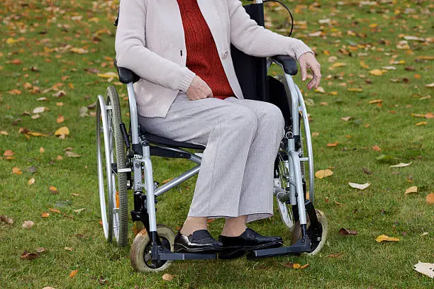 Disabled elderly woman on wheelchair enjoying freshair