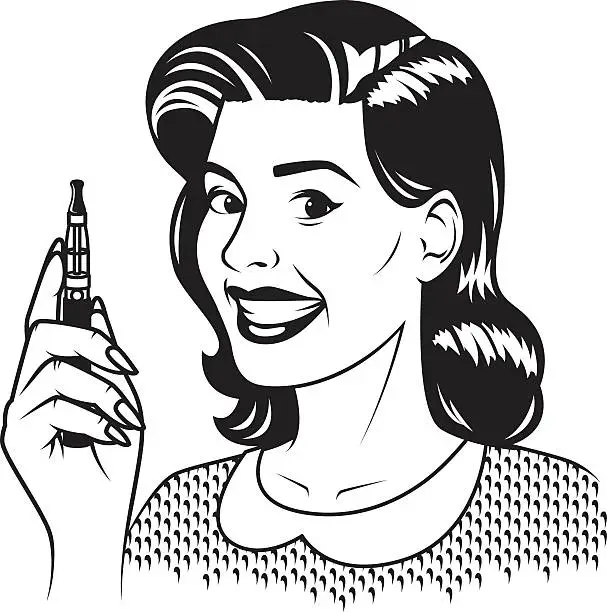 Vector illustration of Retro Line Art Person Holding an Electronic Cigarette