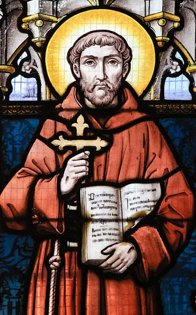 Stained glass window depicting Saint Francis of Assisi in the Church of Stabroek, Belgium.