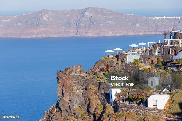 Tables And Chairs On A Balcony At Santorini Greece Stock Photo - Download Image Now