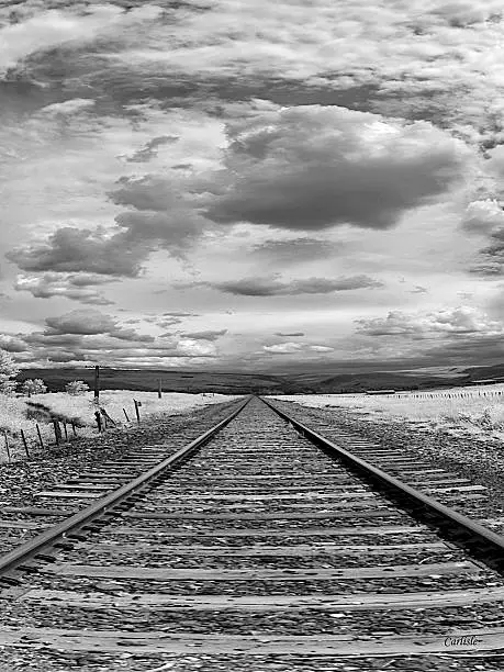 A vertical panorama of railroad tracks in Steamboat Springs, Colorado.