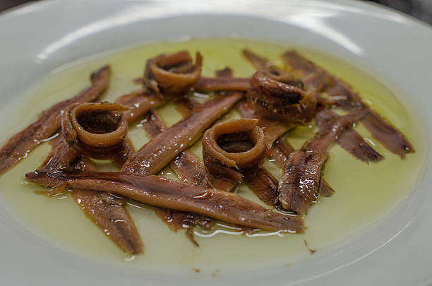 Cantabrian anchovies plate (Santoña) preserved in olive oil.