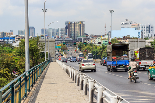 Bangkok - February 21: Traffic on Somdet Phra Pinklao Bridge, Cars go to Thonburi area at Bangkok Thailand on February 21, 2015