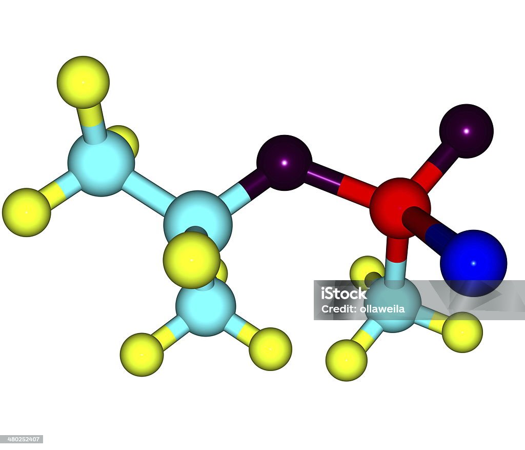 Molecular structure of sarin on white Sarin, or GB, is an organophosphorus compound. It is a colorless, odorless liquid, used as a chemical weapon owing to its extreme potency as a nerve agent Atom Stock Photo