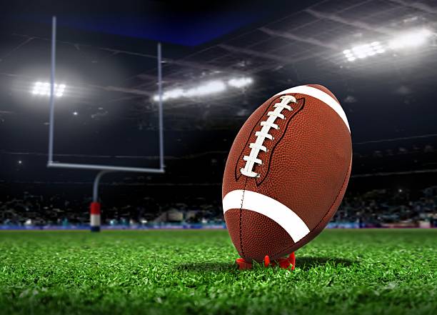 Football Ball On Grass in a Stadium stock photo