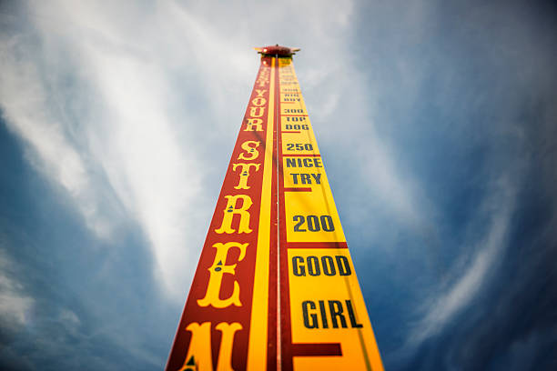 Strongman High Striker Carnival Game A low angle of a classic fairground game that makes you test your strength by seeing if you can hit the bell.  school fete stock pictures, royalty-free photos & images