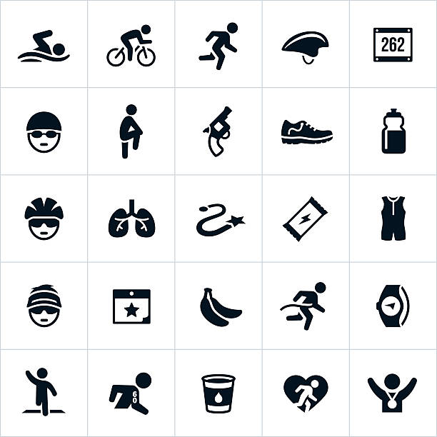 Triathlon Icons Icons symbolizing the three stage events of a triathlon race or competition from swimming and cycling to running. The icons show triathletes, nutrition, gear, clothing, equipment and other triathlon related items. starting gun stock illustrations