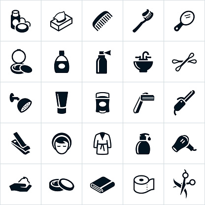 Icons representing common personal care and hygiene icons. The icons include products ranging from personal cleaning items like shampoo and soap to beautification products like makeup, lotions and a curling iron.