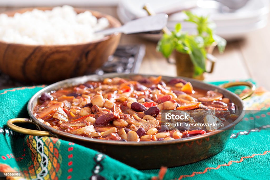 Vegan bean chili Vegan chili with beans, mushrooms, and vegetables 2015 Stock Photo
