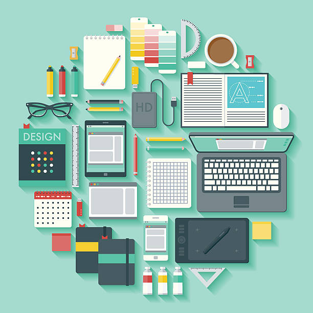 Graphic Design Vector Icon Set A set of graphic design related objects: typography books, sketchbooks, markers, pencils, color swatches, rulers, tablet and smart phone, pencil sharpeners, erasers, and so on. File contains gradients and transparencies in the long shadows, however they are on their own layer so they're very easy to remove. File is organized into layers and each icon is properly grouped for easy editing. pencil graph paper stock illustrations