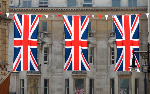 Union jack flag on the background of a modern building