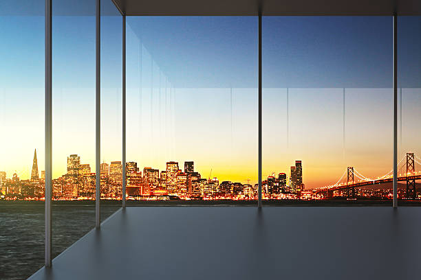 istock empty office at sunset with beautiful view to the skyline 480263568