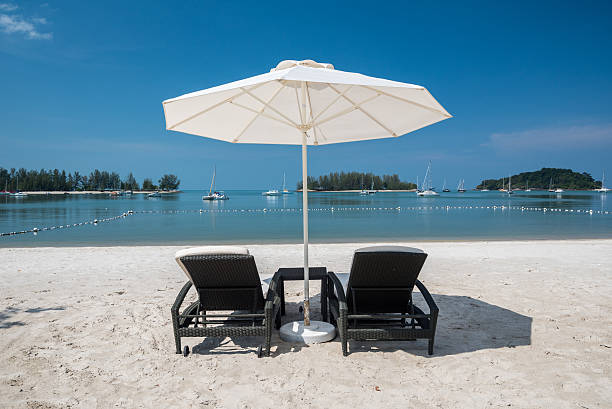 île tropicale plage avec parasols et chaises longues - senior adult temptation blue swimming photos et images de collection