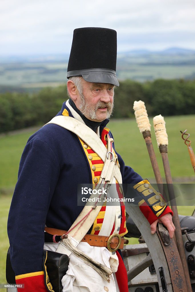 Waterloo British Artillery soldier. Man dressed in period uniform of a British Artillery soldier from the  Battle of Waterloo period.1812. Battle Of Waterloo Stock Photo