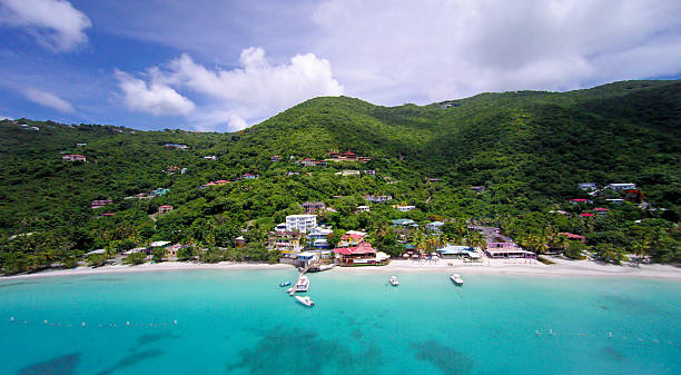 aerial panoramic view of Cane Garden Bay, Tortola, BVI stock photo
