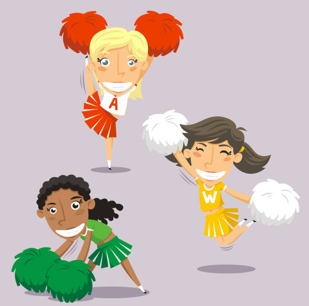 glücklich lächelnd mit pom-poms springen cheerleader - arms outstretched teenage girls jumping flying stock-grafiken, -clipart, -cartoons und -symbole