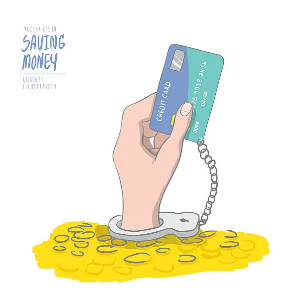 Vector illustration of Hand handcuffed tethered to credit card out of pile coins.