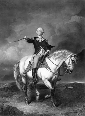 This vintage image features George Washington saluting at Trenton. 