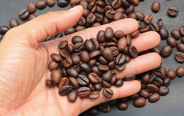 istock Coffee beans and hand on wood background 480277724