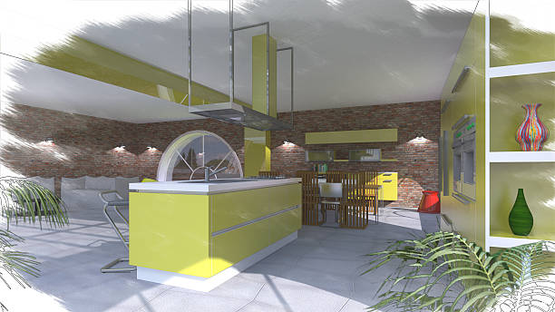 istock Internal kitchen 3D furniture with large windows 480283618