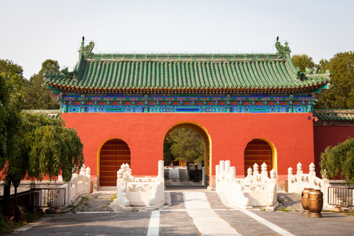 Gate way within Temple of Heaven Park Beijing China.