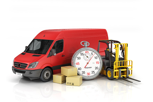 Cardboard package box with stopwatch and delivery vehicle with forklift truck on the white background. Fast delivery and loading concept.