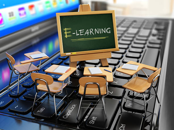 istock E-learning concept. Schooldesk and chalkboard on the laptop keyb 480287872