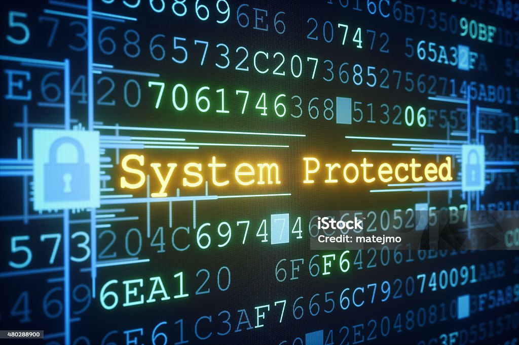System Protection A01 An abstract IT design concept of system or data protection. A central glowing message of "System Protected" is informing the user about the security status. Padlocks on both sides of the message are shown in a locked state, affecting the whole system. Everything is situated inside a hexadecimal code "data-block". Security Stock Photo
