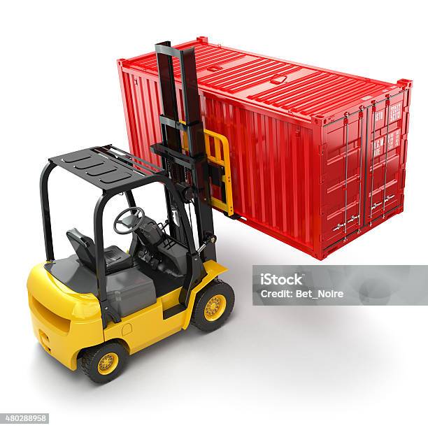 Forklift Handling The Cargo Shipping Container Box Stock Photo - Download Image Now