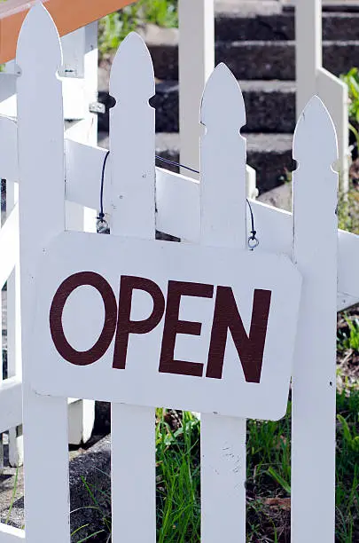An open sign hanged outside a restaurant, store, office or other business (copy-space available for design)