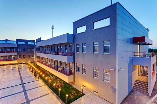 istock Aluminum facade on residential building at night 480290846