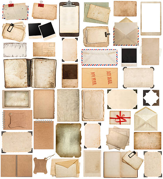 istock Used paper sheets, frames, books, clipboard and photo corner 480292090