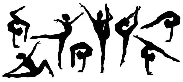 silhouette gymnast dancer set, ballerina female flexible pose, white background stock photo