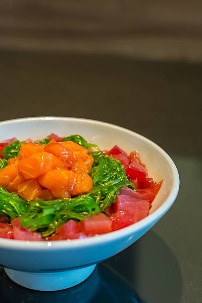 istock Rice with maguro salmon tartar gohan. 480297566