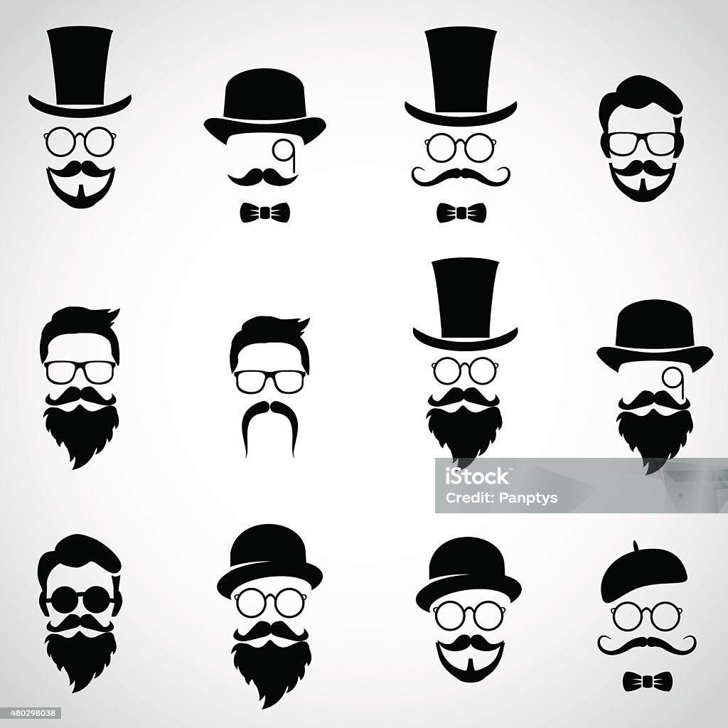 Retro, vintage gentlemen. Collection of diverse, male faces. Vector art. Top Hat stock vector