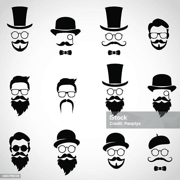 Retro Vintage Gentlemen Collection Of Diverse Male Faces Stock Illustration - Download Image Now