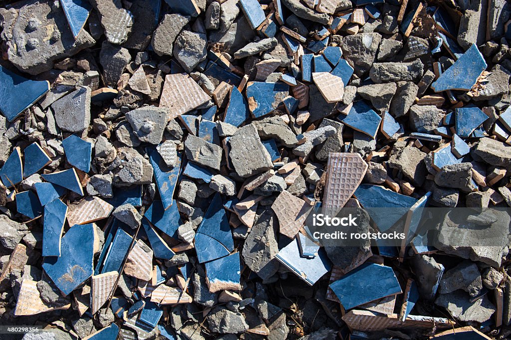 Pieces of beaten tiles and concrete blocks. 2015 Stock Photo