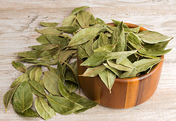 istock Dry bay leaves and wooden bowl 480299002